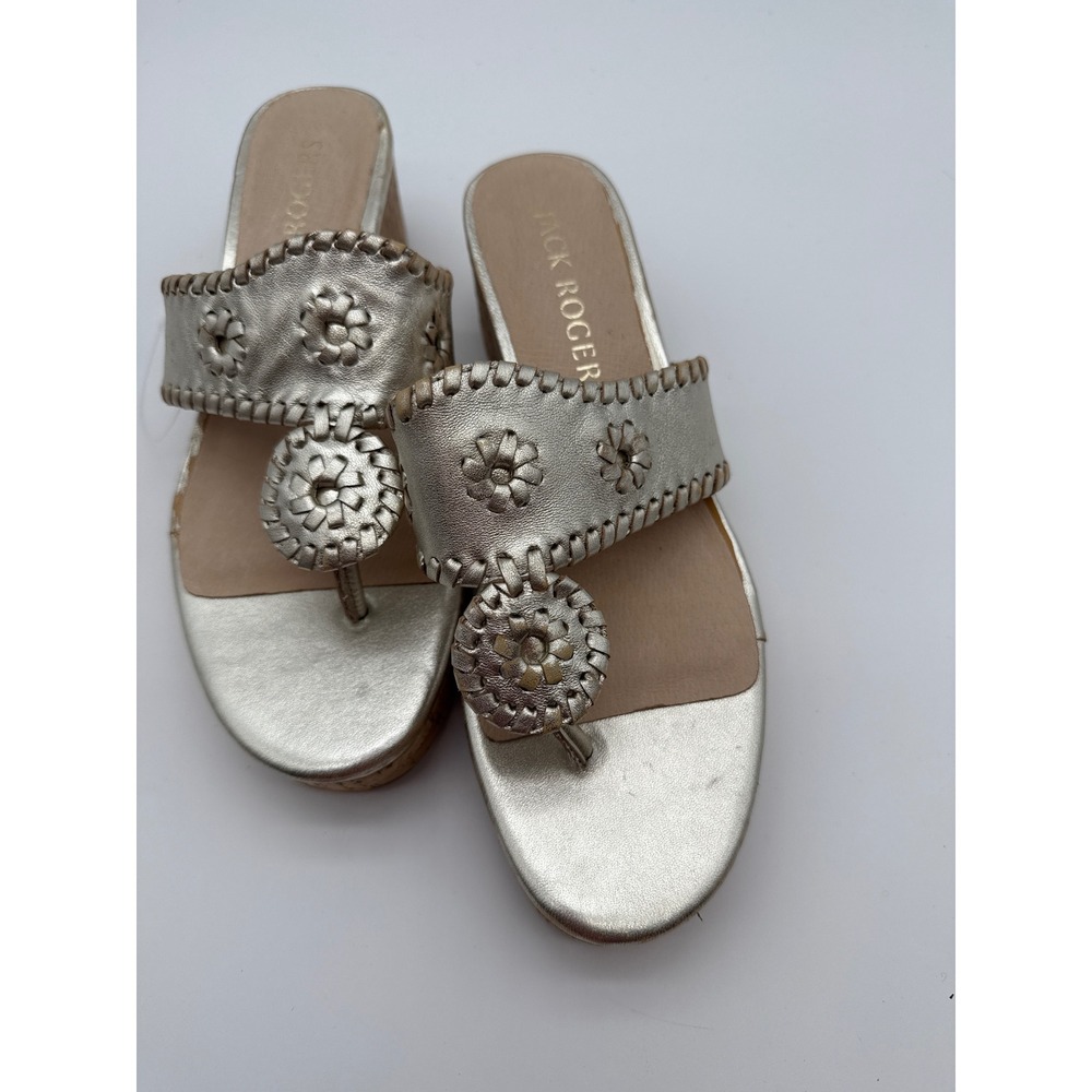 Jack Rogers Jacks Mid Wedge Sandals Platinum Gold Metallic Cork Heel Womens 7M